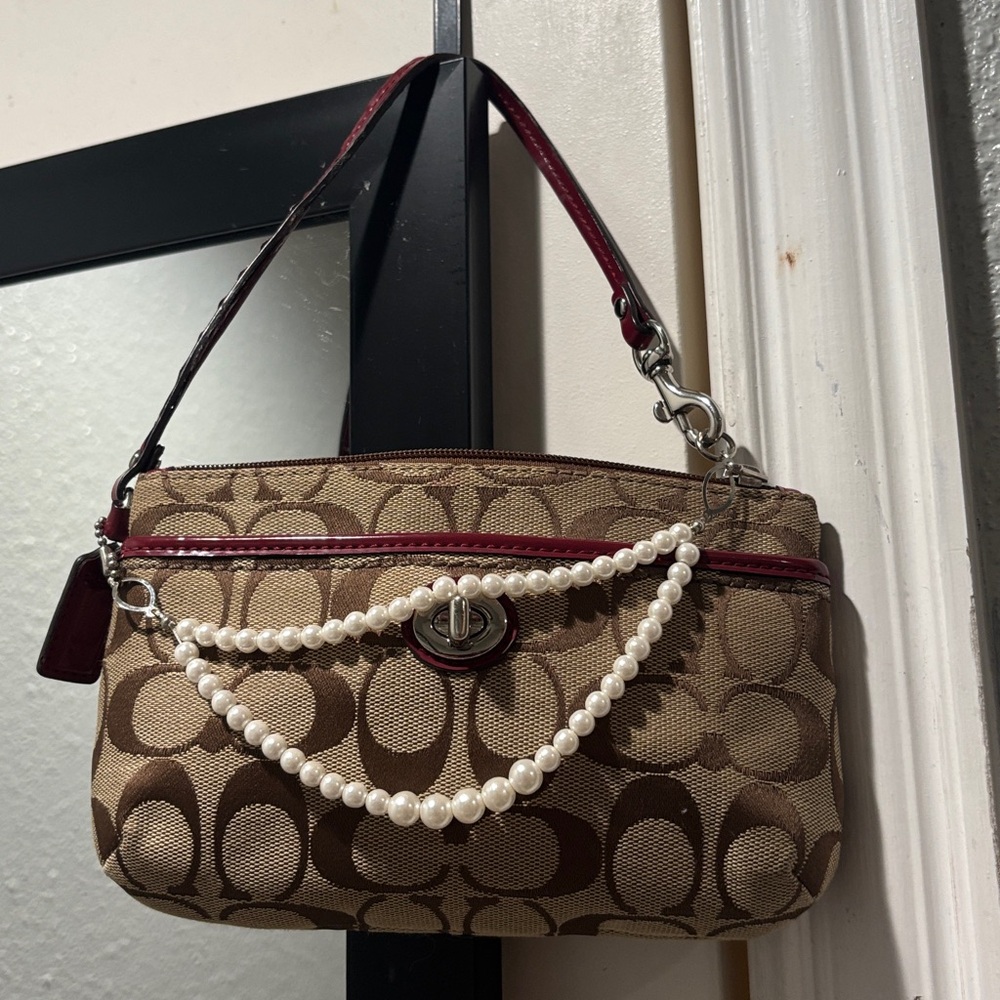 Coach Tan and Red Wristlet with Pearl Accents( #almost 8”X5)